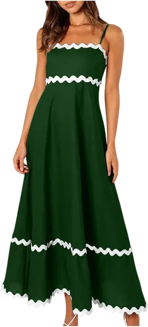 Womens Summer Spaghetti Strap Dress Sexy Rickrack Trim Boho Flowy Loose A-Line Midi Dress Casual Cinched Waist Dress