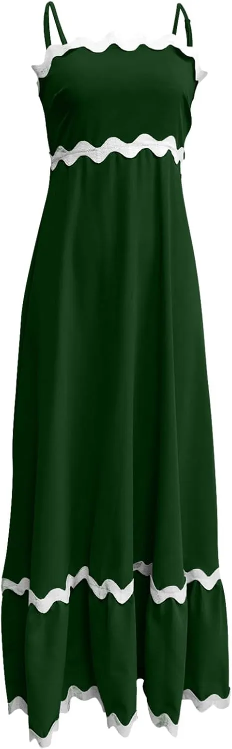 Womens Summer Spaghetti Strap Dress Sexy Rickrack Trim Boho Flowy Loose A-Line Midi Dress Casual Cinched Waist Dress