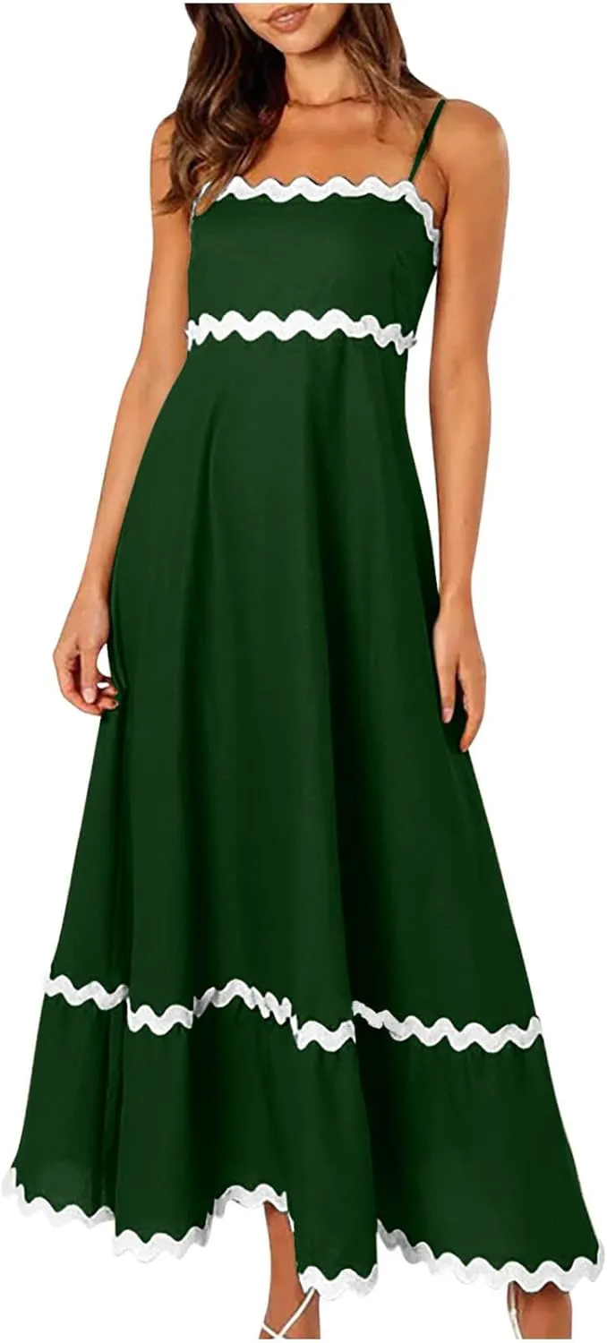 Womens Summer Spaghetti Strap Dress Sexy Rickrack Trim Boho Flowy Loose A-Line Midi Dress Casual Cinched Waist Dress