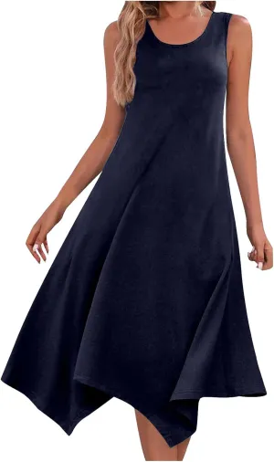 Women's Trendy Dress Round Neck Sleeveless Dress Casual Irregular A-line Hem Long Dresses Daily Vacation Wear