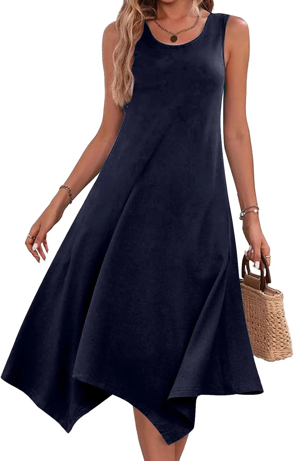 Women's Trendy Dress Round Neck Sleeveless Dress Casual Irregular A-line Hem Long Dresses Daily Vacation Wear