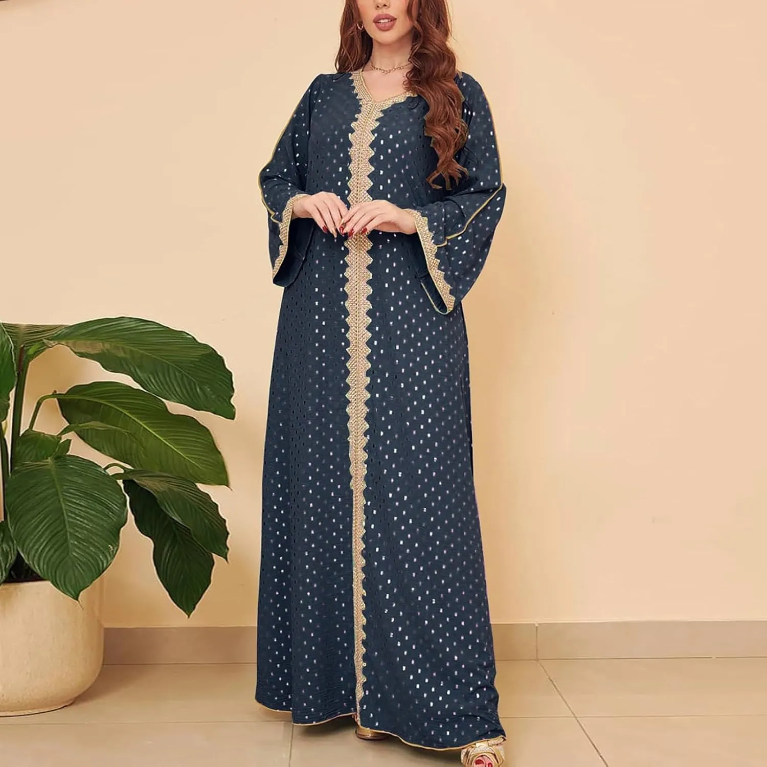 Women's V Neck Color Block Polka Dot Print Long Sleeve Long Muslim Sleepwear With Gold Foil Soft Comfy Nightgowns