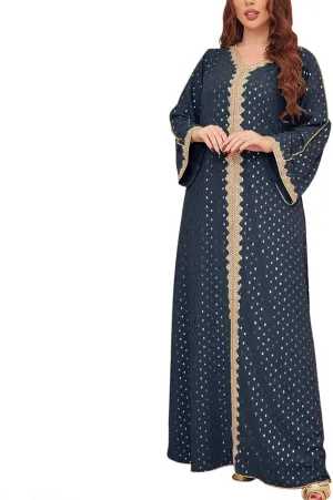 Women's V Neck Color Block Polka Dot Print Long Sleeve Long Muslim Sleepwear With Gold Foil Soft Comfy Nightgowns