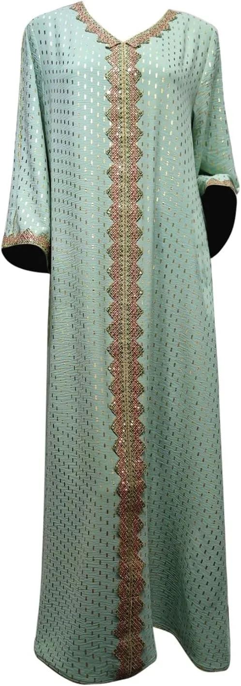 Women's V Neck Color Block Polka Dot Print Long Sleeve Long Muslim Sleepwear With Gold Foil Soft Comfy Nightgowns