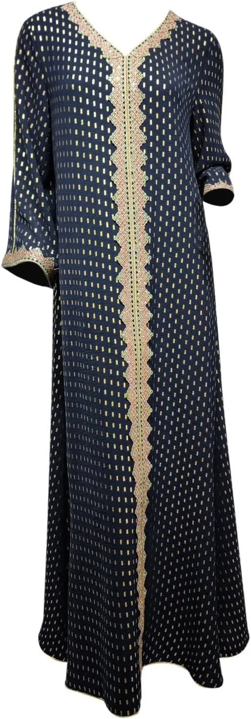 Women's V Neck Color Block Polka Dot Print Long Sleeve Long Muslim Sleepwear With Gold Foil Soft Comfy Nightgowns