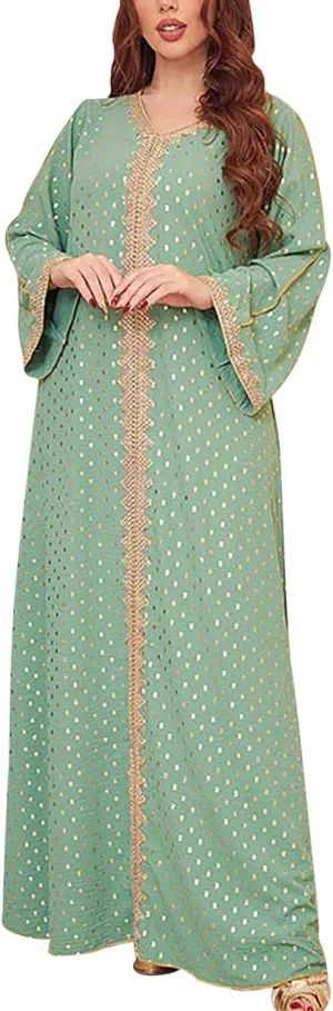 Women's V Neck Color Block Polka Dot Print Long Sleeve Long Muslim Sleepwear With Gold Foil Soft Comfy Nightgowns