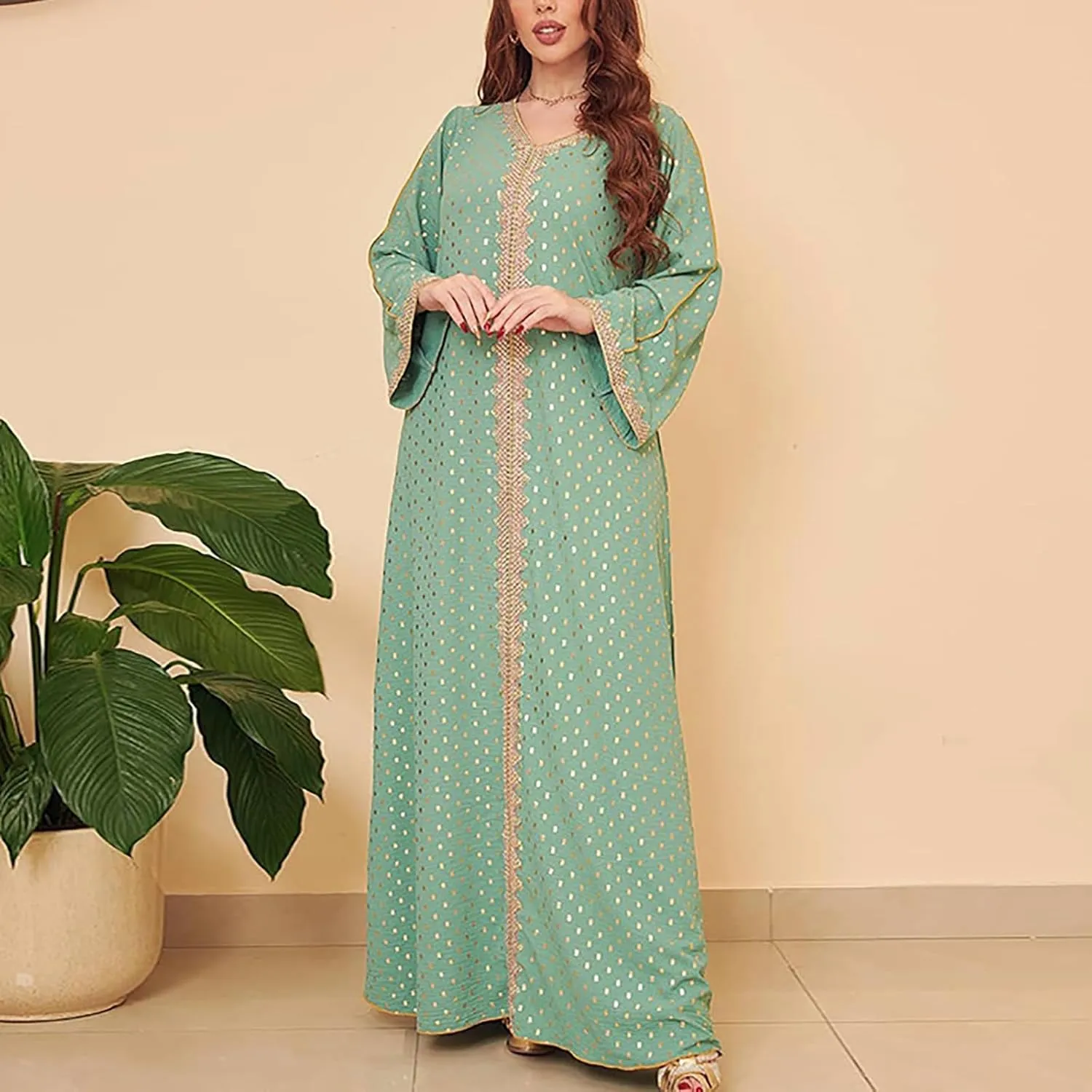 Women's V Neck Color Block Polka Dot Print Long Sleeve Long Muslim Sleepwear With Gold Foil Soft Comfy Nightgowns