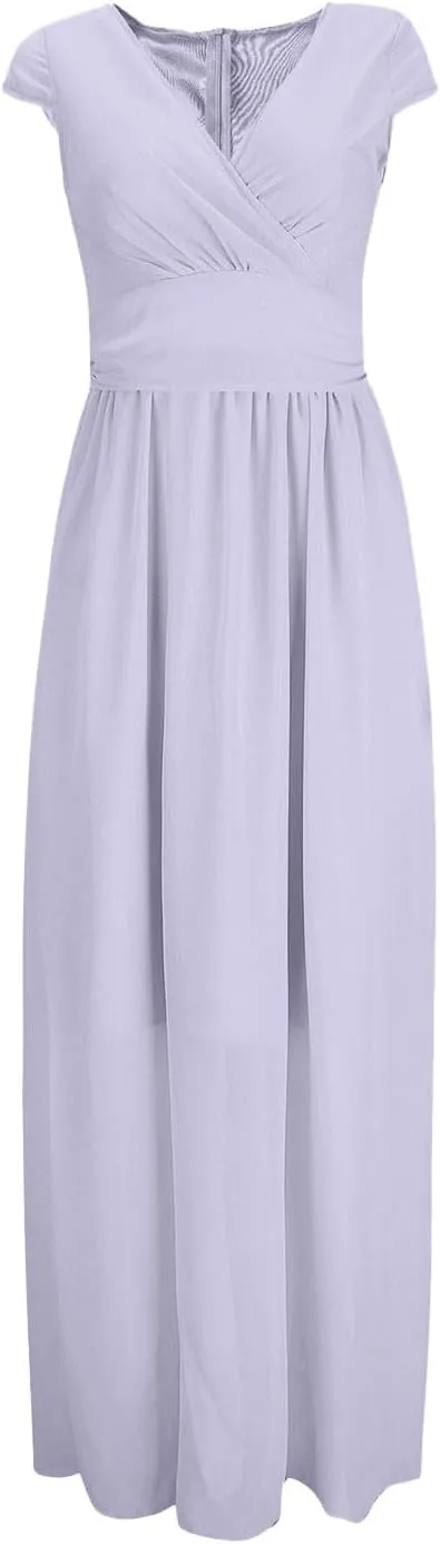 Women's V-Neck Solid Color Short Sleeve Chiffon Waist Closing Evening Misses Floral Dresses Front Cross Sexy Dress