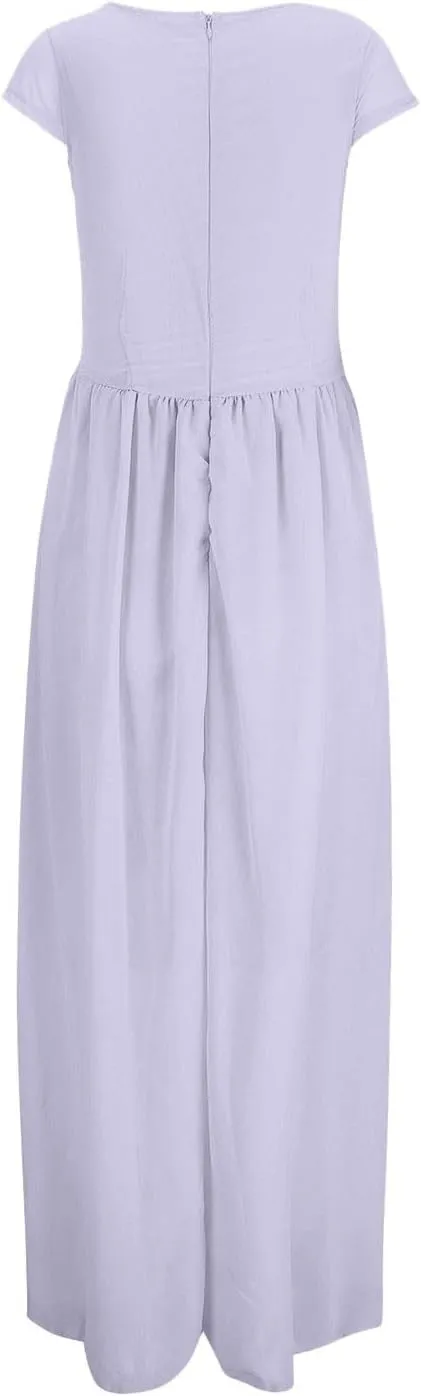Women's V-Neck Solid Color Short Sleeve Chiffon Waist Closing Evening Misses Floral Dresses Front Cross Sexy Dress