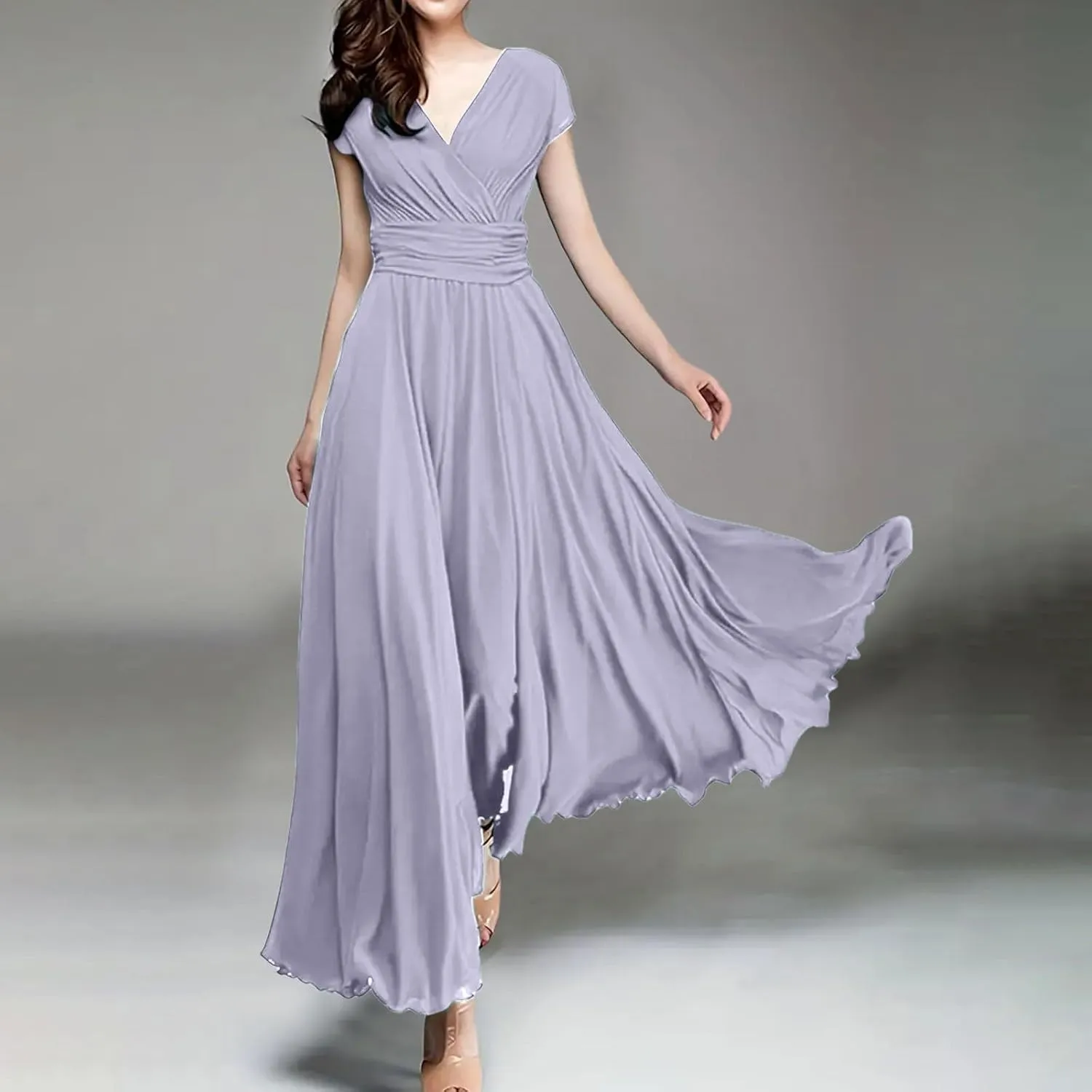 Women's V-Neck Solid Color Short Sleeve Chiffon Waist Closing Evening Misses Floral Dresses Front Cross Sexy Dress