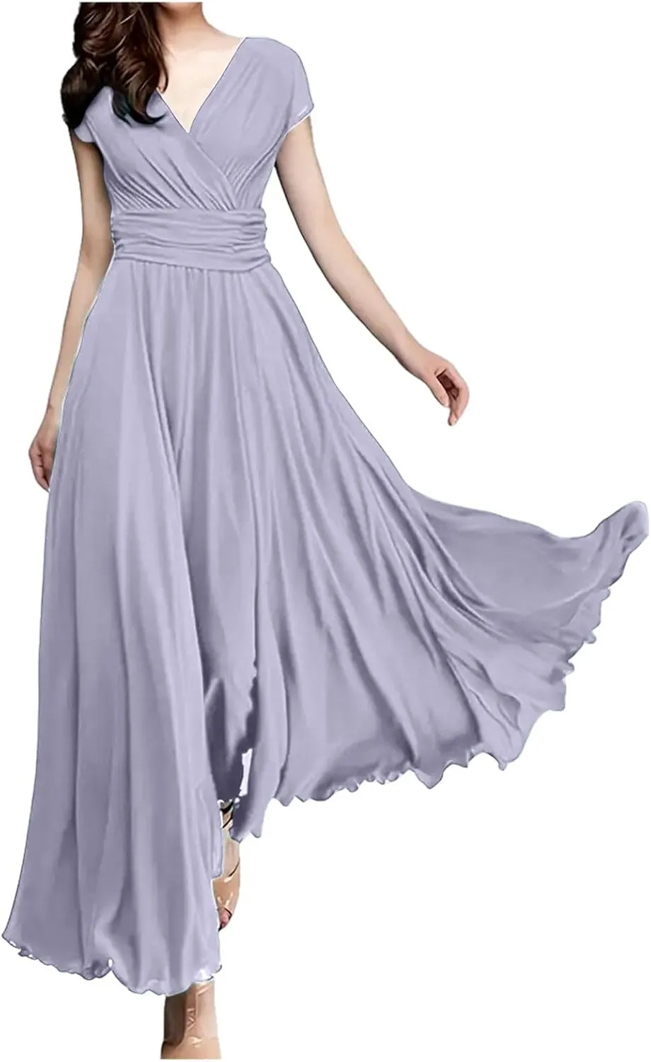 Women's V-Neck Solid Color Short Sleeve Chiffon Waist Closing Evening Misses Floral Dresses Front Cross Sexy Dress