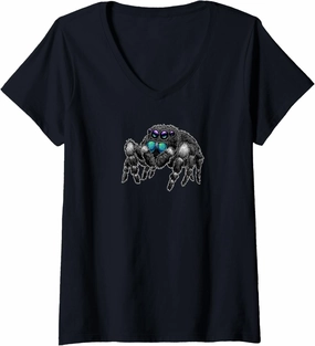 Womens Daring Bold Jumping Spider Phidippus Audax Cute Arachnid V-Neck T-Shirt