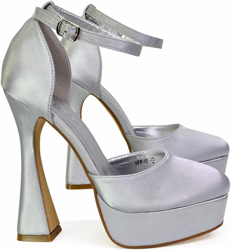 Womens Platform High Heel Ladies Ankle Strap Square Toe Satin Courts Party Evening Shoes