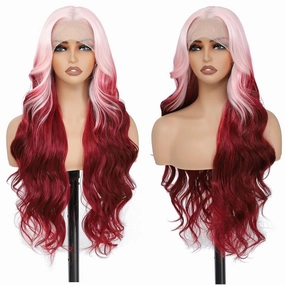 X-TRESS Pink and Red Lace Front Wigs Synthetic for Women,28Inch Wear and Go Glueless Body Wave Ombre Pre Plucked with Baby Hair, Synthetic 2 Tone Wigs(Pink To Red)