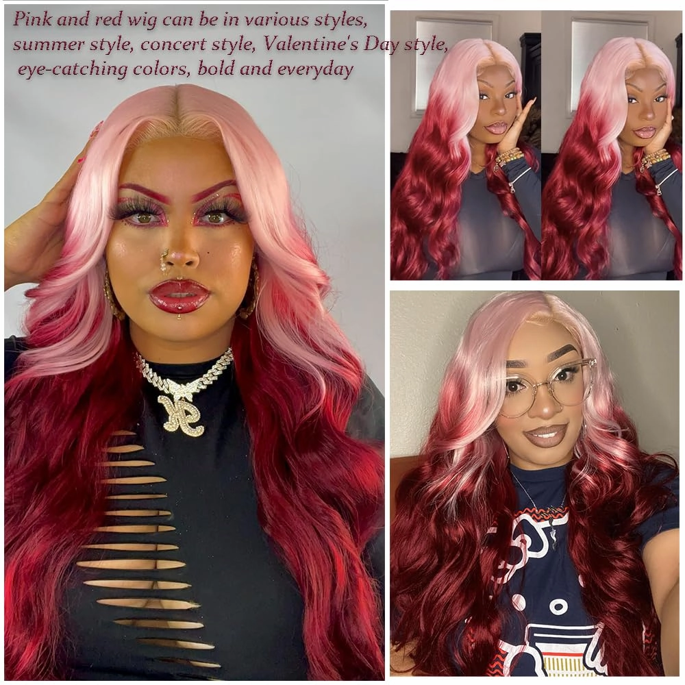 X-TRESS Pink and Red Lace Front Wigs Synthetic for Women,28Inch Wear and Go Glueless Body Wave Ombre Pre Plucked with Baby Hair, Synthetic 2 Tone Wigs(Pink To Red)