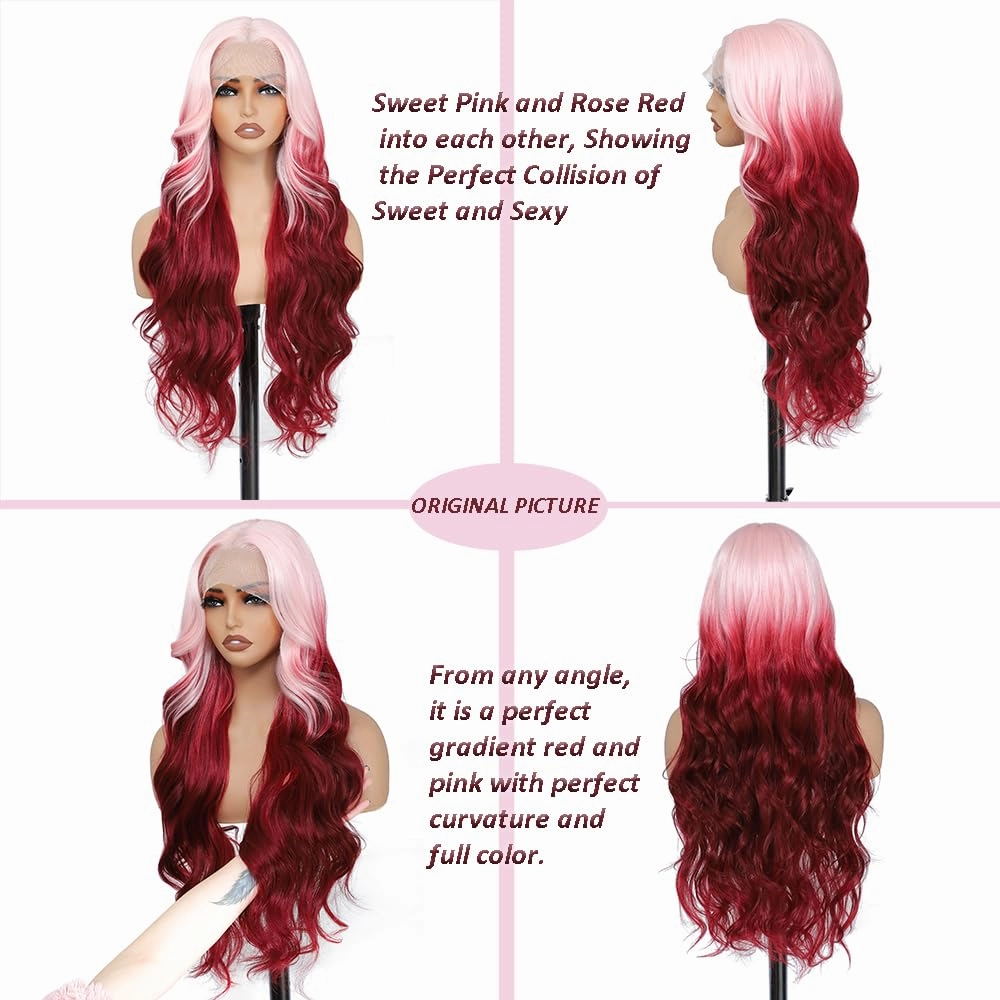 X-TRESS Pink and Red Lace Front Wigs Synthetic for Women,28Inch Wear and Go Glueless Body Wave Ombre Pre Plucked with Baby Hair, Synthetic 2 Tone Wigs(Pink To Red)