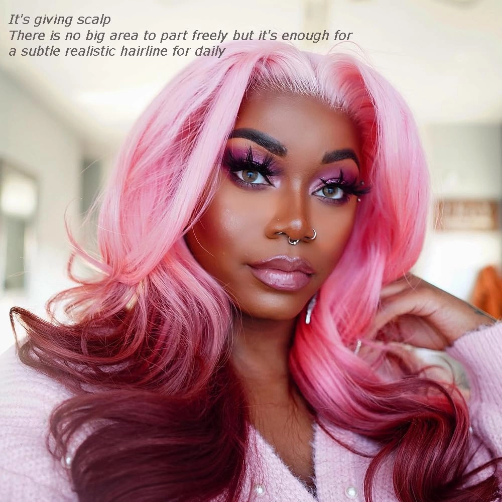 X-TRESS Pink and Red Lace Front Wigs Synthetic for Women,28Inch Wear and Go Glueless Body Wave Ombre Pre Plucked with Baby Hair, Synthetic 2 Tone Wigs(Pink To Red)