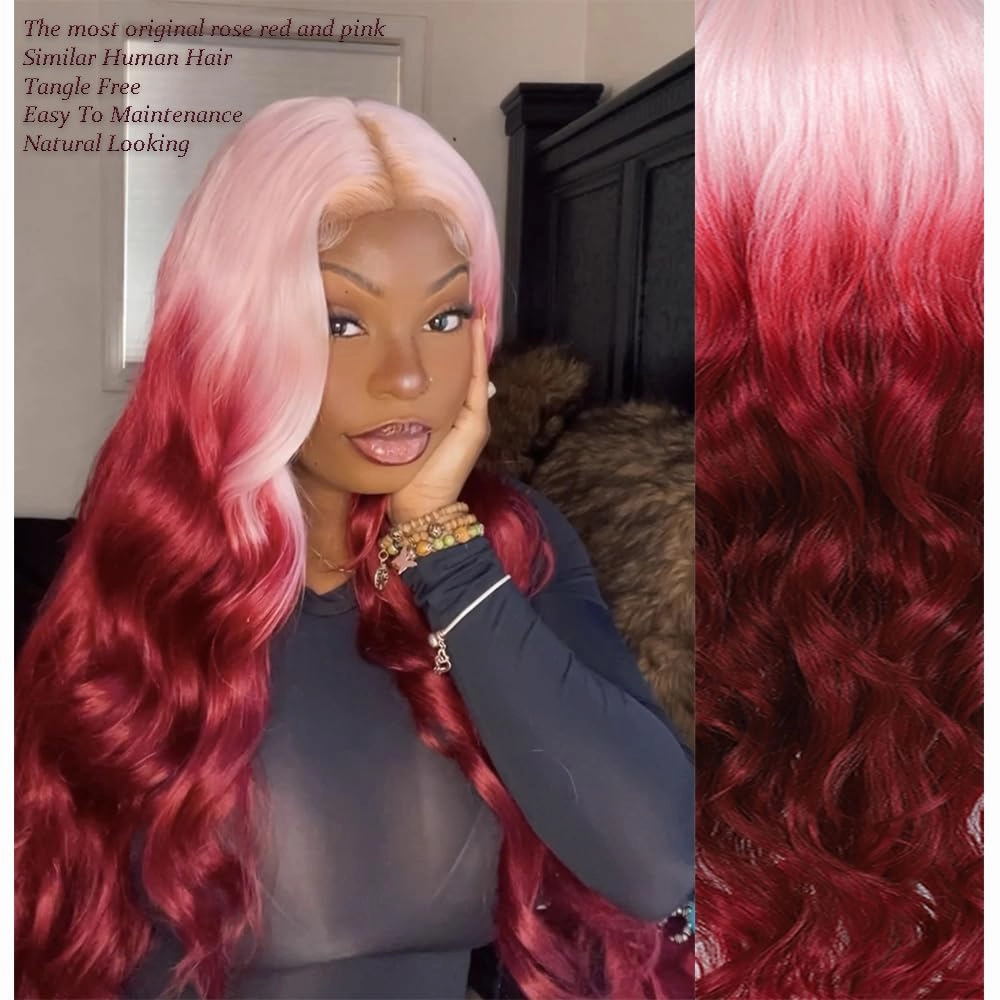 X-TRESS Pink and Red Lace Front Wigs Synthetic for Women,28Inch Wear and Go Glueless Body Wave Ombre Pre Plucked with Baby Hair, Synthetic 2 Tone Wigs(Pink To Red)