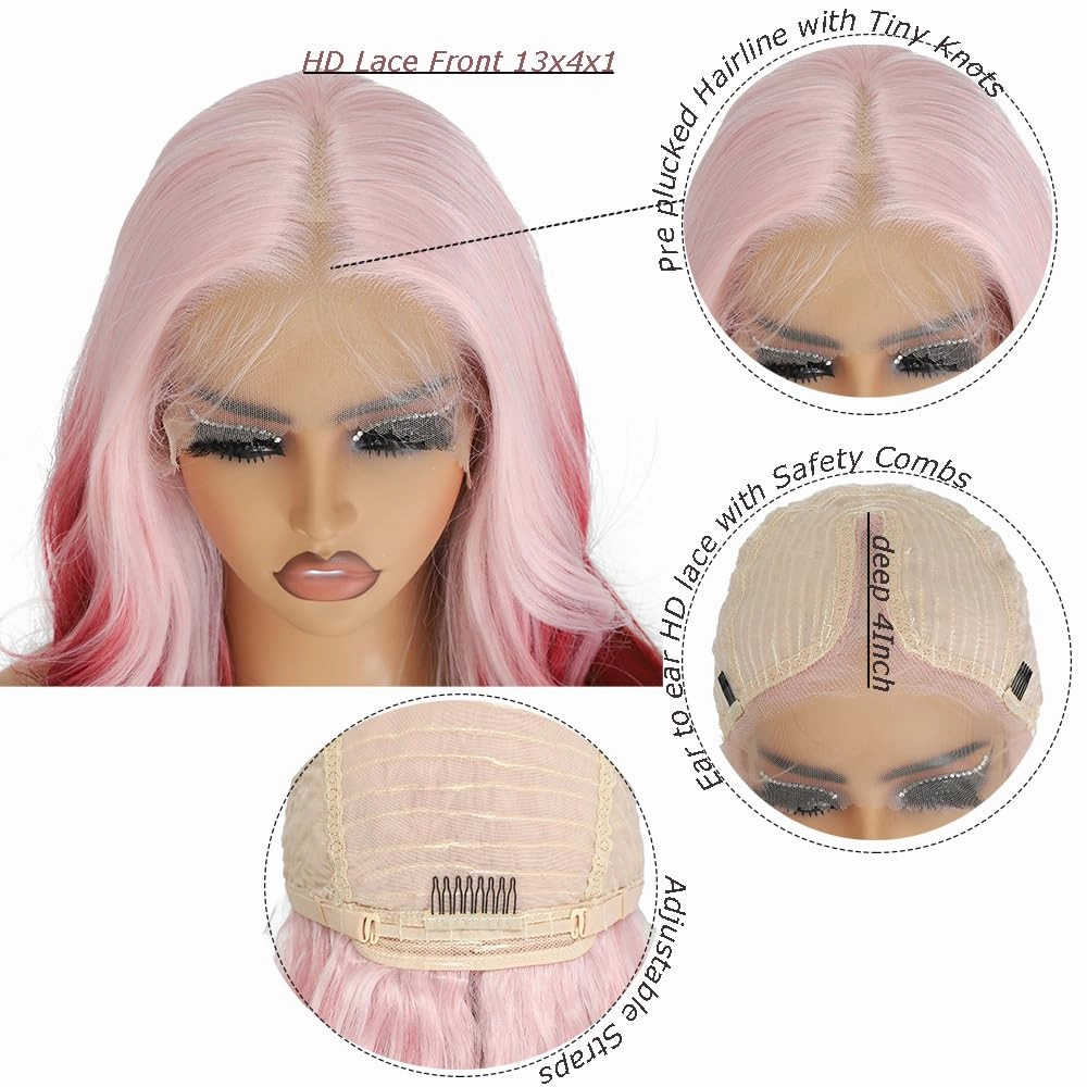 X-TRESS Pink and Red Lace Front Wigs Synthetic for Women,28Inch Wear and Go Glueless Body Wave Ombre Pre Plucked with Baby Hair, Synthetic 2 Tone Wigs(Pink To Red)