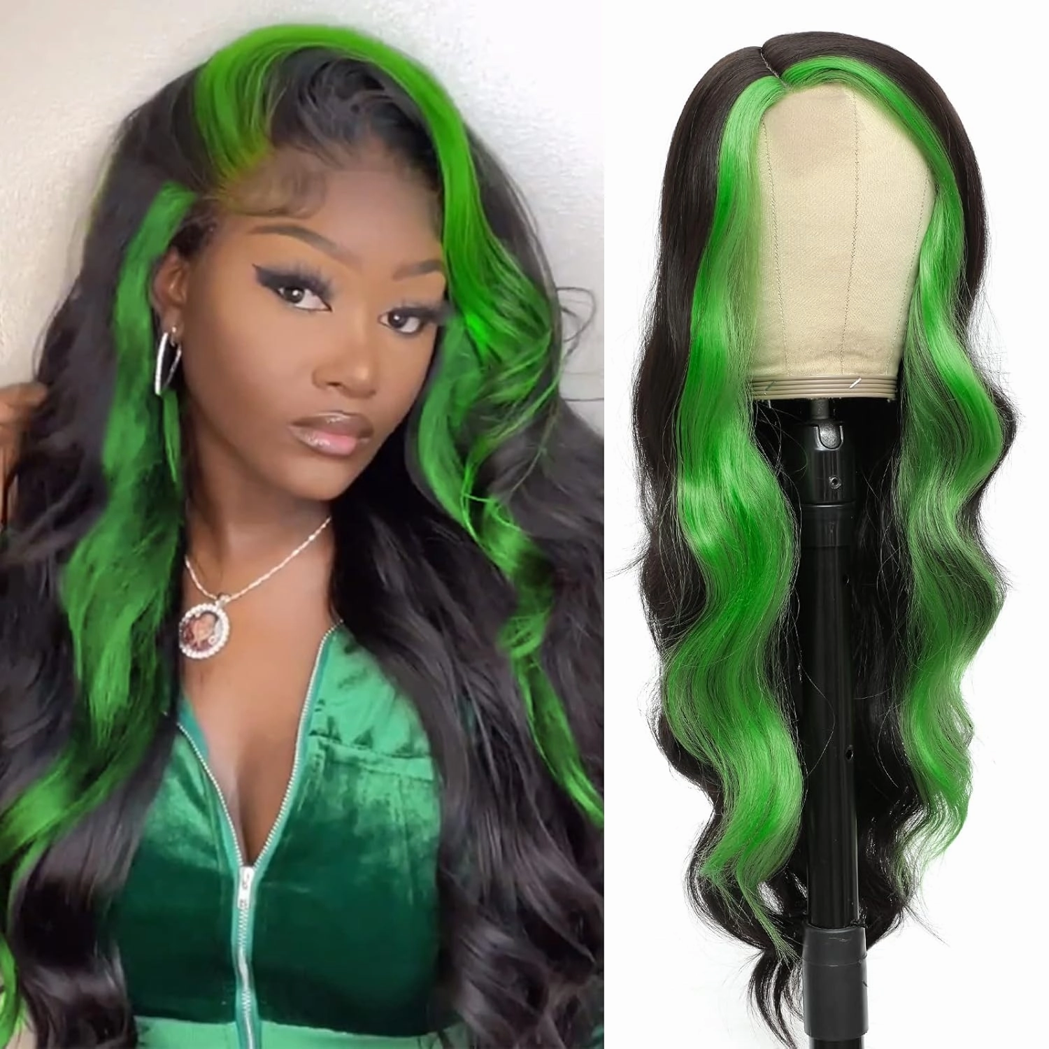 xccoco 30" Long Wavy Highlight Wigs Skunk Stripe Body Wave Synthetic Lace Wig Side Part Black Wig with Green Streaks Highlighted Wig for Women