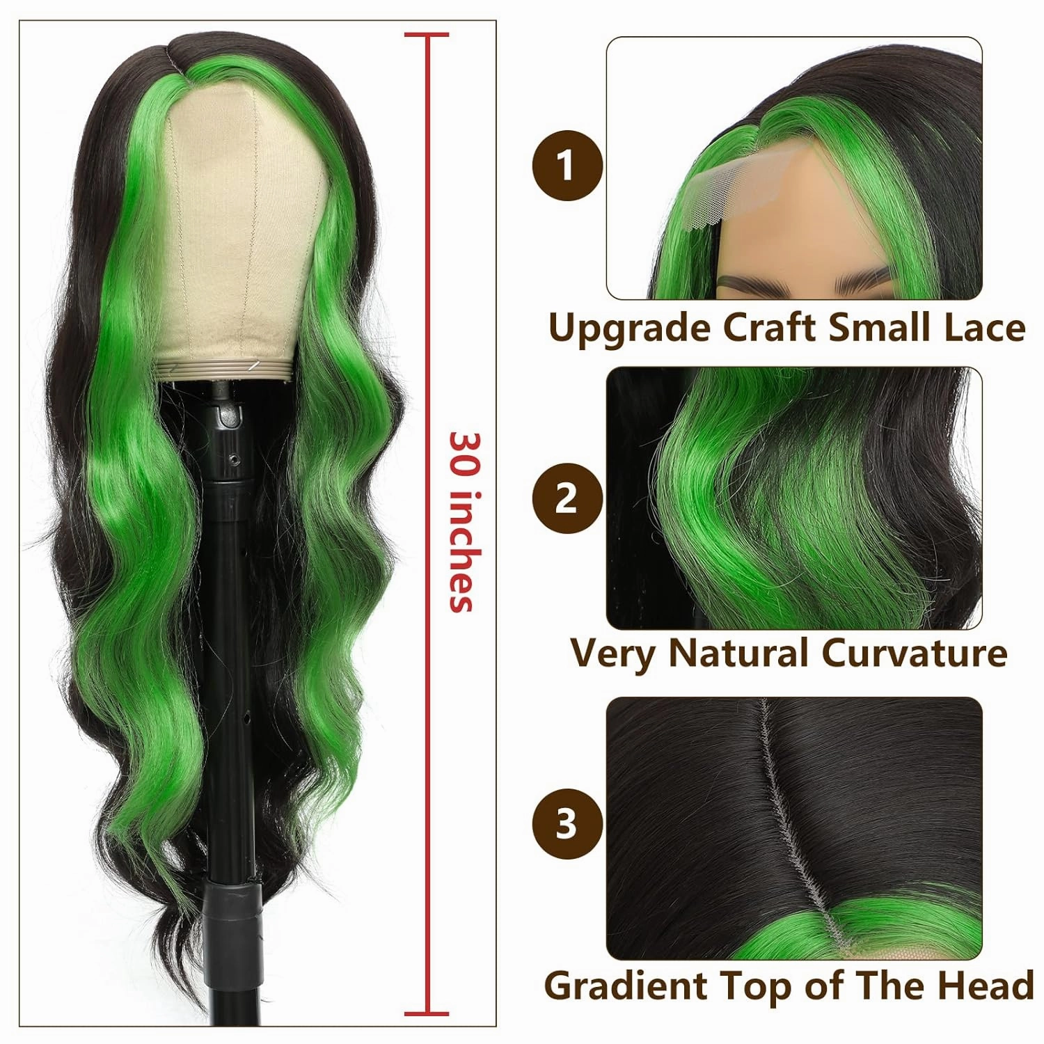 xccoco 30" Long Wavy Highlight Wigs Skunk Stripe Body Wave Synthetic Lace Wig Side Part Black Wig with Green Streaks Highlighted Wig for Women
