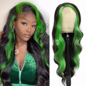 xccoco 30" Long Wavy Highlight Wigs Skunk Stripe Body Wave Synthetic Lace Wig Side Part Black Wig with Green Streaks Highlighted Wig for Women