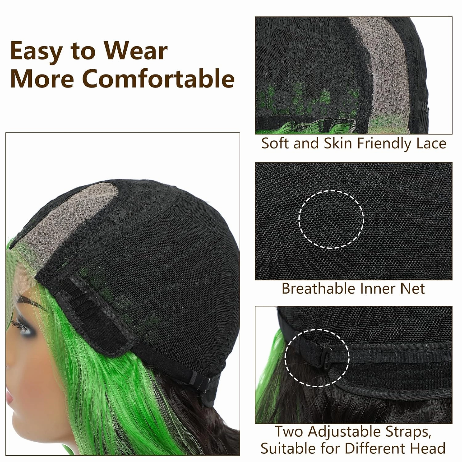 xccoco 30" Long Wavy Highlight Wigs Skunk Stripe Body Wave Synthetic Lace Wig Side Part Black Wig with Green Streaks Highlighted Wig for Women