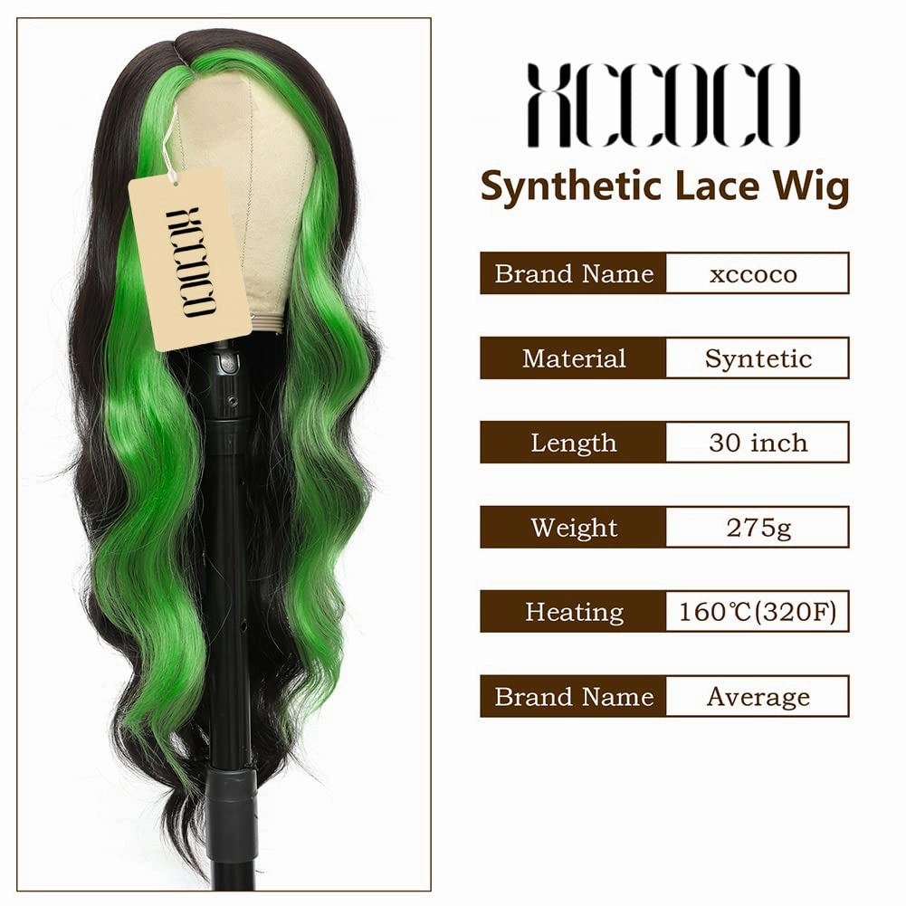 xccoco 30" Long Wavy Highlight Wigs Skunk Stripe Body Wave Synthetic Lace Wig Side Part Black Wig with Green Streaks Highlighted Wig for Women