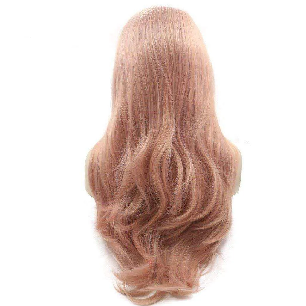xiweiya Rose Gold Wig Long Wavy Peach Pink Synthetic Lace Front Wig Natural Hairline 13 x3 Lace Peach Red Wigs Mermaid Hair Heat Resistant Wig 180% Density Hair For Women Drag Queen 24inch