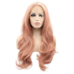 xiweiya Rose Gold Wig Long Wavy Peach Pink Synthetic Lace Front Wig Natural Hairline 13 x3 Lace Peach Red Wigs Mermaid Hair Heat Resistant Wig 180% Density Hair For Women Drag Queen 24inch