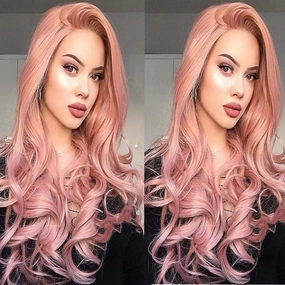 Xiweiya Mixed Peach Color Lace Front Wig - Natural Wavy 1x4 Hairline, Synthetic Soft Rose Gold, Heat Resistant Fiber, 150% Density, 24 Inch for Women