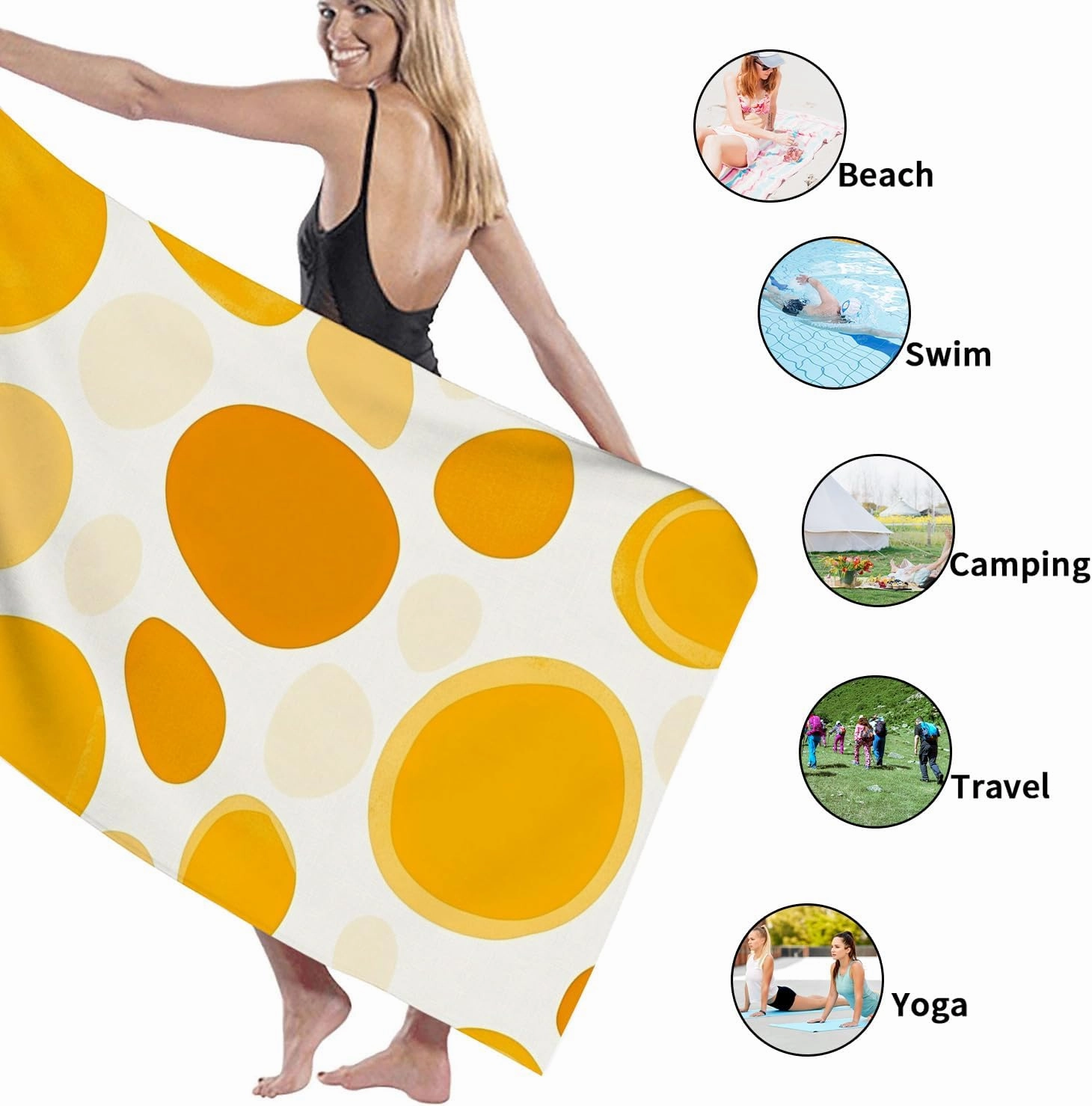 Yellow Polka Dot Microfiber Beach Towel Bright Colorful Spots Soft Quick Dry Sand Free Lightweight Pool Blanket, Vacation Picnic Essentials 70x35 Inch