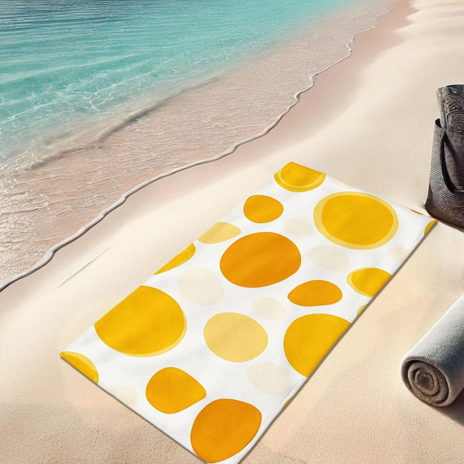 Yellow Polka Dot Microfiber Beach Towel Bright Colorful Spots Soft Quick Dry Sand Free Lightweight Pool Blanket, Vacation Picnic Essentials 70x35 Inch