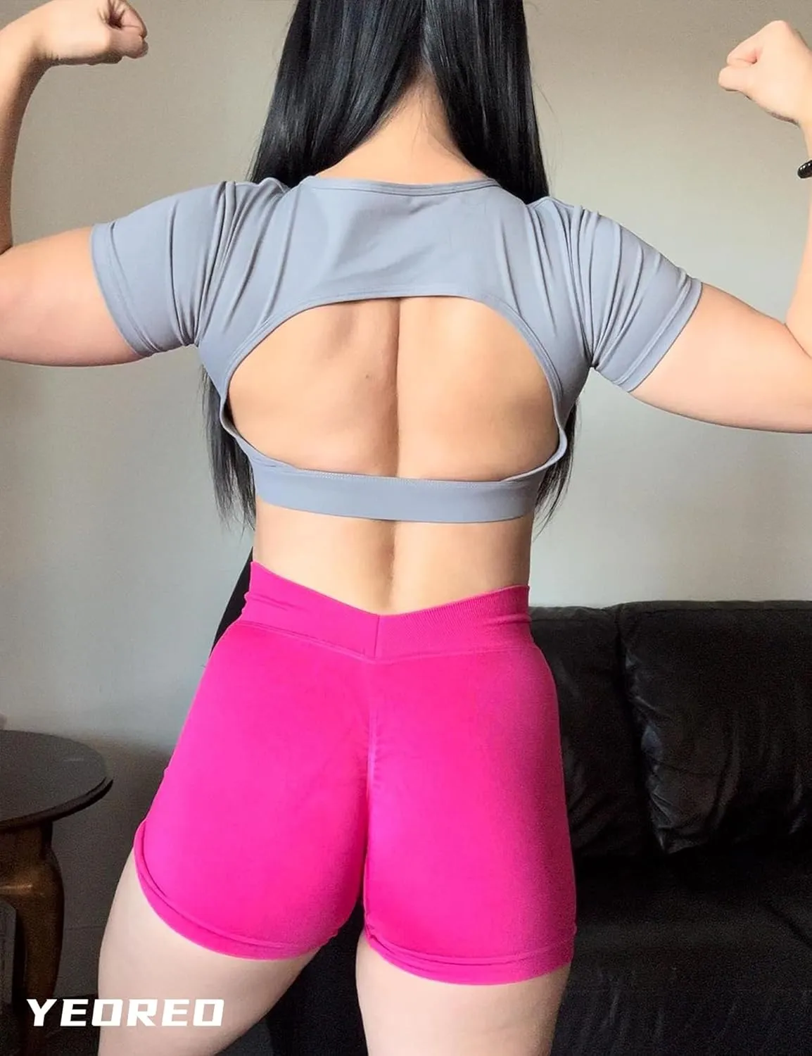 YEOREO Workout Scrunch Shorts Women V Back Gym Butt Lifting Liz High Waisted Seamless Shorts