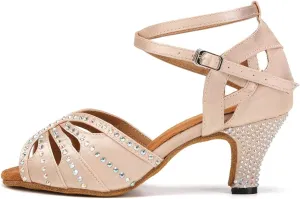 YKXLM Women Rhinestone Ballroom Dance Shoes Latin Performance Dance Shoes Women Suede Sole,2 1/3 inch Heel,Beige,8US