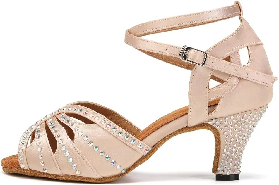 YKXLM Women Rhinestone Ballroom Dance Shoes Latin Performance Dance Shoes Women Suede Sole,2 1/3 inch Heel,Beige,8US