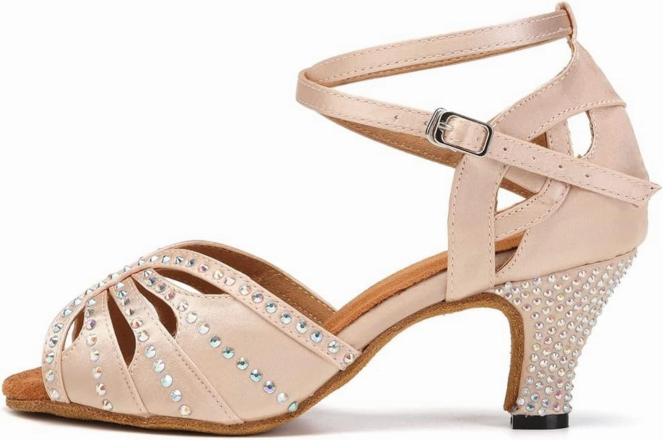 YKXLM Women Rhinestone Ballroom Dance Shoes Latin Performance Dance Shoes Women Suede Sole,2 1/3 inch Heel,Beige,8US