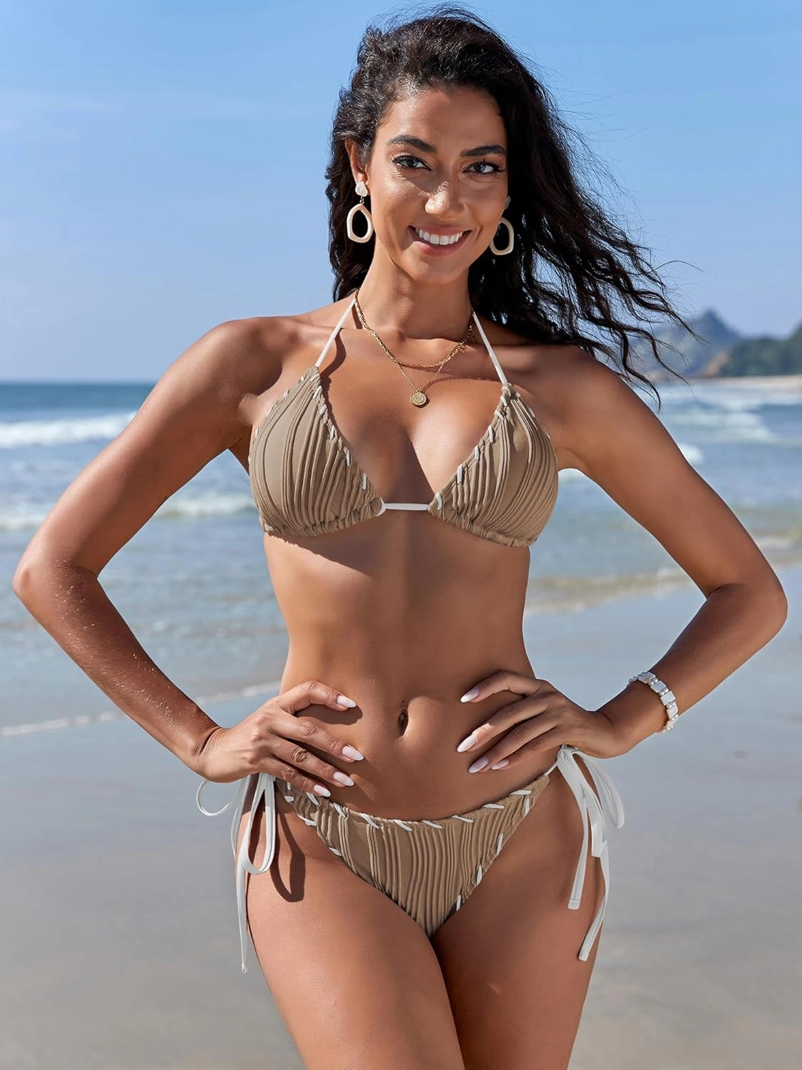 ZAFUL Women Wave Textured Bikini Set Two Piece Twisted Trim Tie Back Halter Cheeky Swimsuit Bathing Suit