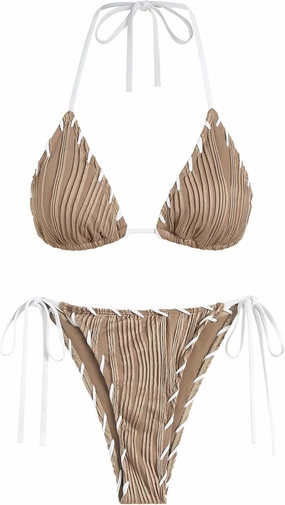 ZAFUL Women Wave Textured Bikini Set Two Piece Twisted Trim Tie Back Halter Cheeky Swimsuit Bathing Suit