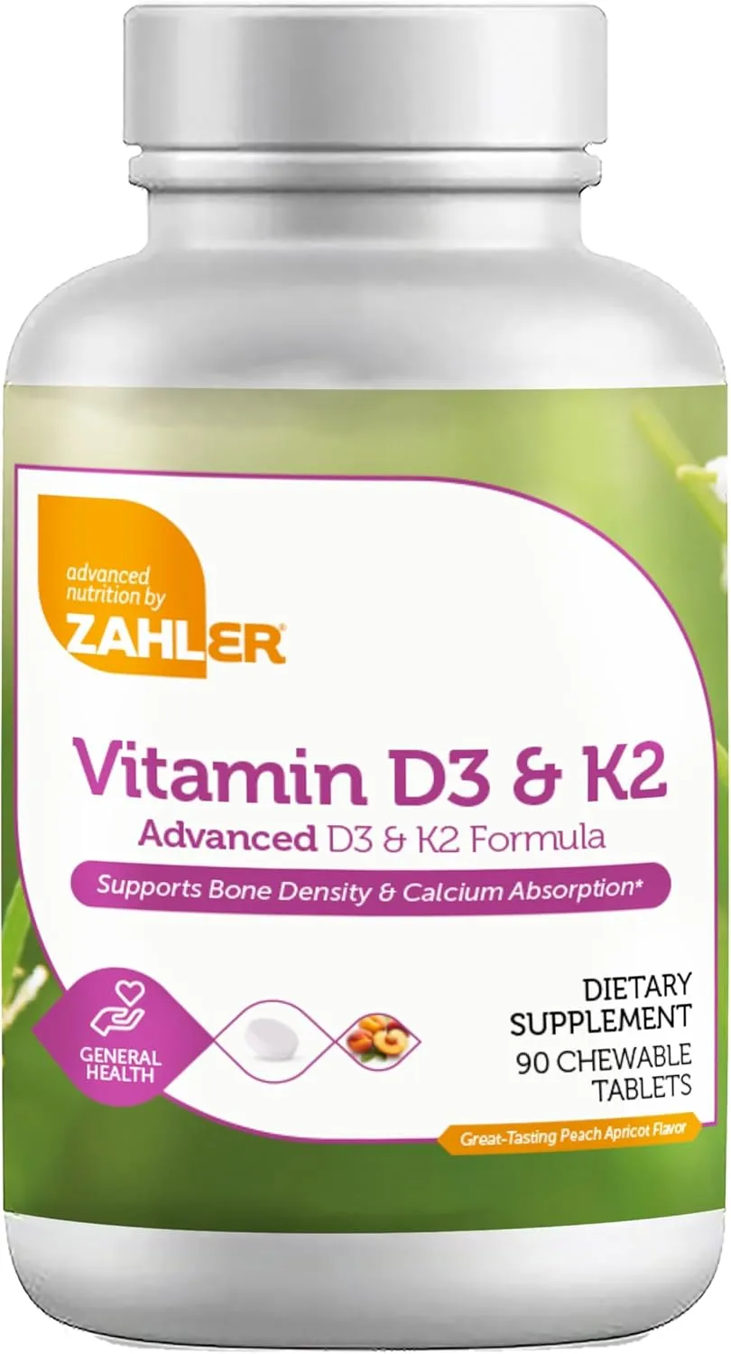Zahler - Vitamin D3 & K2 Chewable Supplement (90 Count) - Certified Kosher K2 D3 Vitamin 5000 IU Delicious Chew Tablet - Vitamin D & K2 for Calcium Absorption, Bone Density & Immune Support