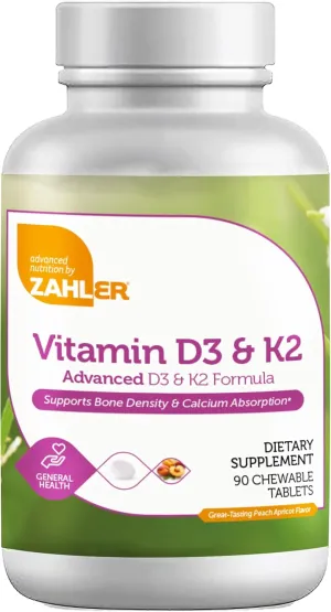 Zahler - Vitamin D3 & K2 Chewable Supplement (90 Count) - Certified Kosher K2 D3 Vitamin 5000 IU Delicious Chew Tablet - Vitamin D & K2 for Calcium Absorption, Bone Density & Immune Support