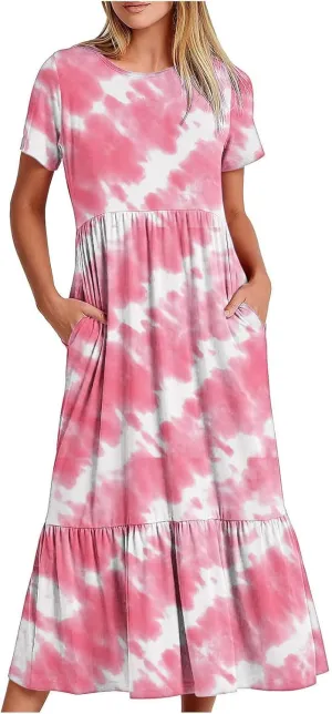 ZDRZK Womens Summer Dresses Cute Boho Floral Print Beach Long Maxi Dresses Flowy Casual Tshirt Sundresses with Pockets