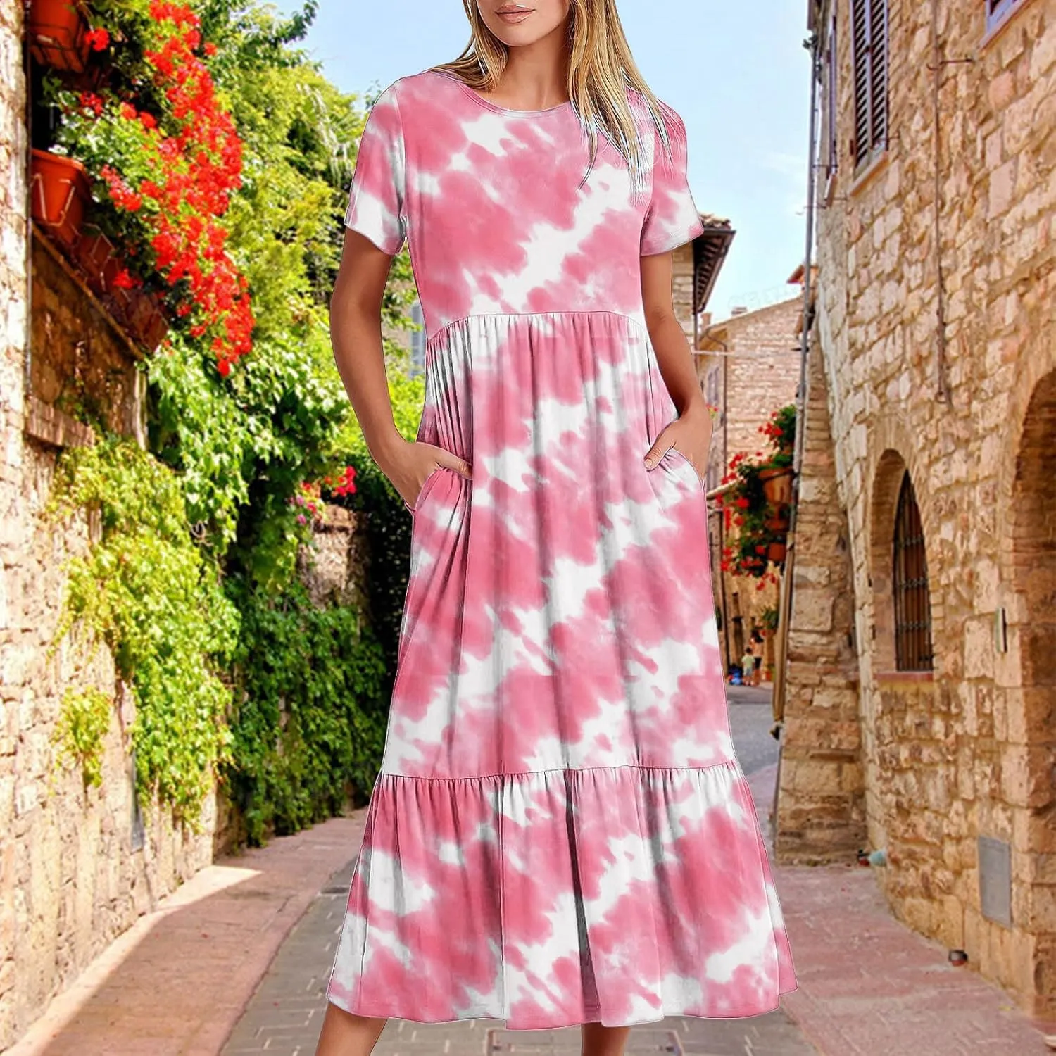 ZDRZK Womens Summer Dresses Cute Boho Floral Print Beach Long Maxi Dresses Flowy Casual Tshirt Sundresses with Pockets