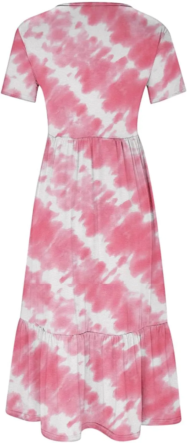 ZDRZK Womens Summer Dresses Cute Boho Floral Print Beach Long Maxi Dresses Flowy Casual Tshirt Sundresses with Pockets