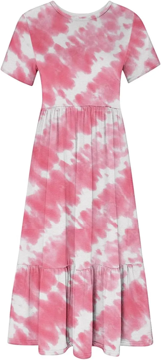 ZDRZK Womens Summer Dresses Cute Boho Floral Print Beach Long Maxi Dresses Flowy Casual Tshirt Sundresses with Pockets