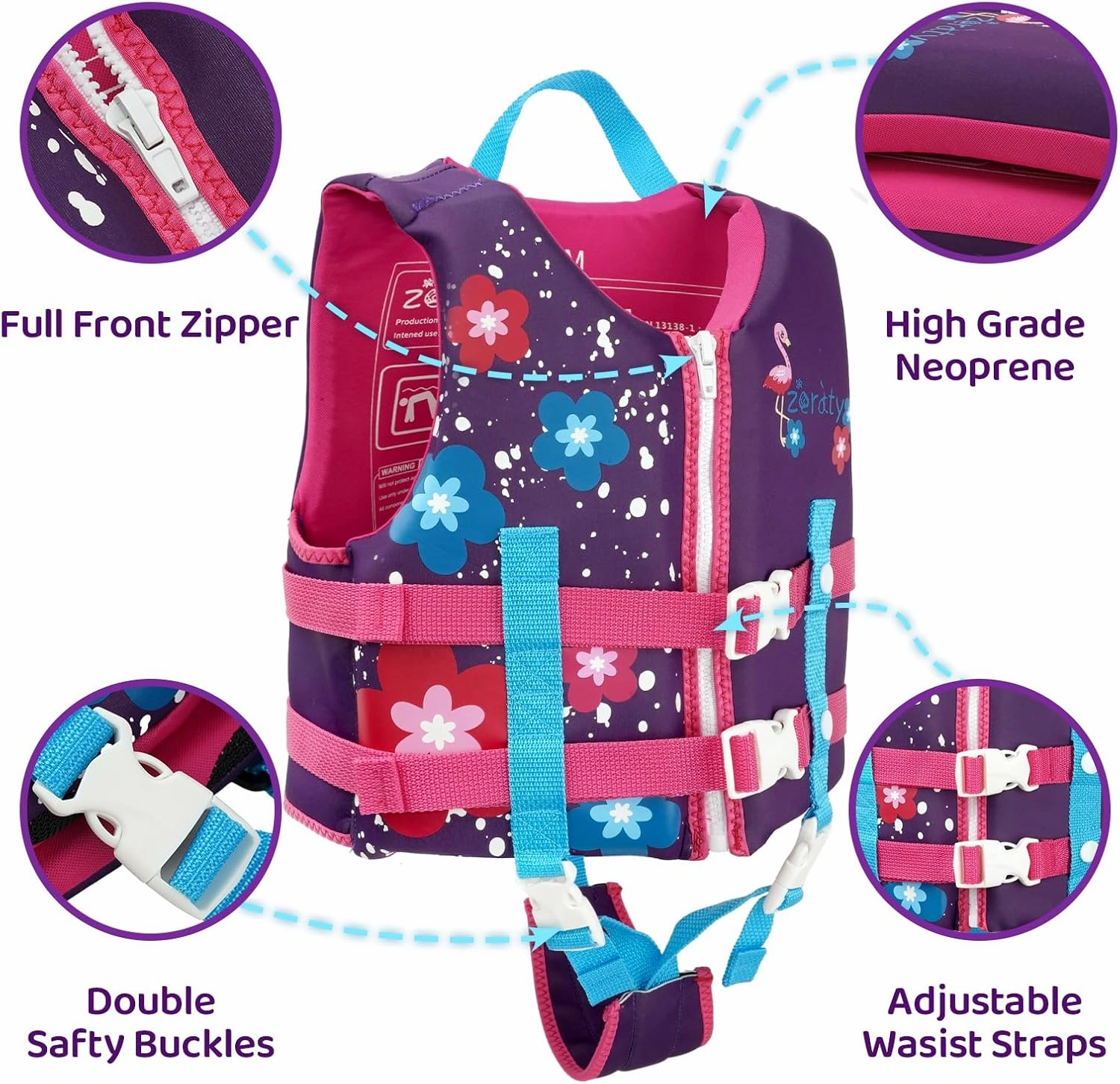 Zeraty Toddler Swim Vest Neoprene Kids Float Jacket Swimming Aid for Children Girls and Boys 20-30-40-50-60-70-80Lbs with Dual Adjustable Safety Straps