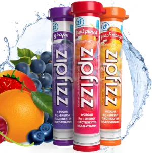 Zip_fizzs Vitamin Energy Hydration Drink Mix, Grape, Fruit Punch, & Peach Mango, 30 Count (Split Box), 100% Daily Vitamin C & B12, Caffeine from Natural Sources, Zero Sugar, Low Calorie